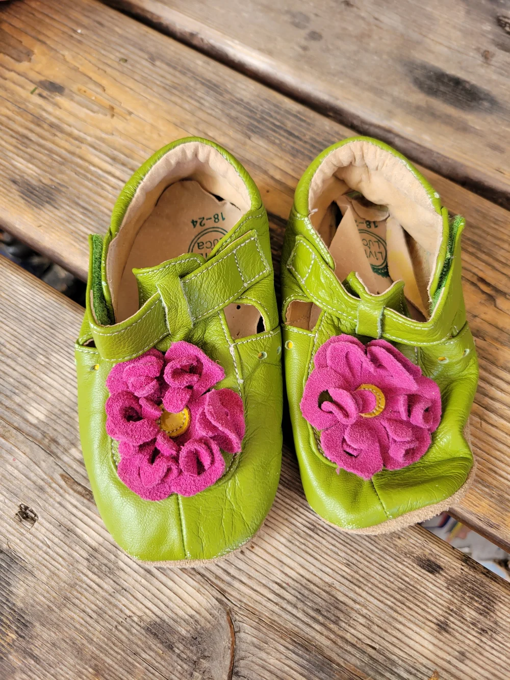 LIVIE & LUCA SZ 18-24M VGUC LIME GREEN  PINK FLOWER Velcro Leather Crib Shoes
